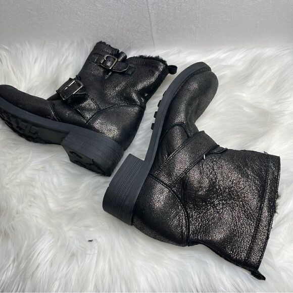 Barneys New York Fur Lined Metallic Moto Boot Black 37 - Picture 4 of 7